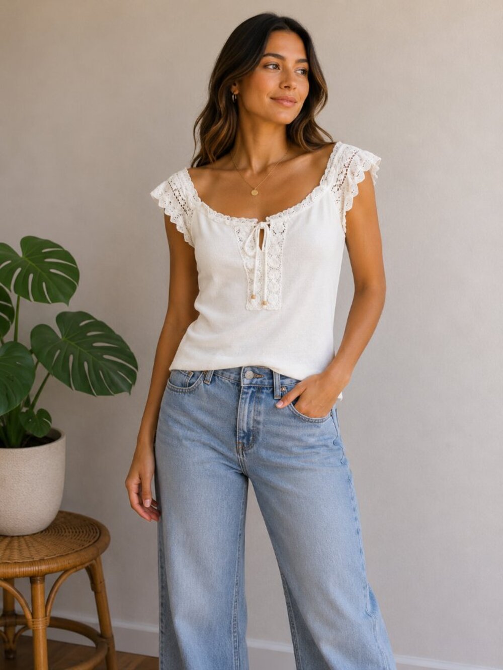 Annie B White Tank with Lace Cap Sleeves